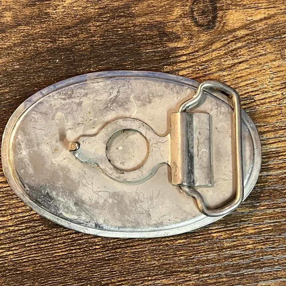 Vintage Western Belt Buckle Blue White Silver Etched Geometric Rope Border Metal